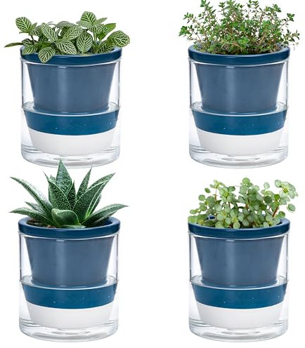 D'vine Dev Selbstbewässernder Übertopf für Zimmerpflanzen, 10,2 cm, blaue Terrakotta-Töpfe mit Zylinderglasbecher, 4 Stück, 375-A-4