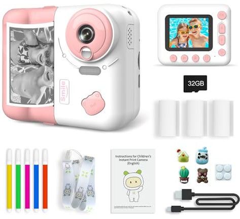 Andoer Appareil photo instantané pour enfant, 1080p 2,4 Appareil photo à impression instantanée pour enfants avec papier d'impression thermique, stylos de couleur, sangle pour le cou, garçons et