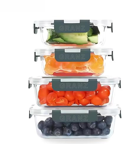 GRANZ Glass Food Storage Containers, BPA-Free Food Storage Containers, Airtight Snap Lock lid, Leak Proof Meal Prep Boxes, Stackable, Eco-Friendly, Reusable, Microwave & Dishwasher (2 M 2 L)