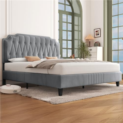 Yaheetech Lit 160x200 cm avec Sommier, Lit Double pour Adultes, 2 Personnes à Deux Places, Cadre de Lits Capitonnée, Réglable en Hauteur, en Bois Massif et Métal, Gris Clair