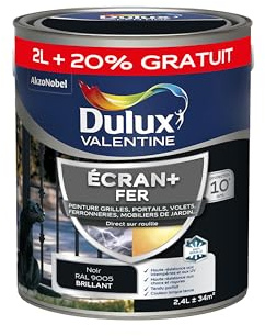 Dulux Valentine Peinture Ecran+ Fer Intérieur/Extérieur - Haute résistance aux intempéries, aux UV, chocs et rayures - Noir 2 L + 20% gratuit
