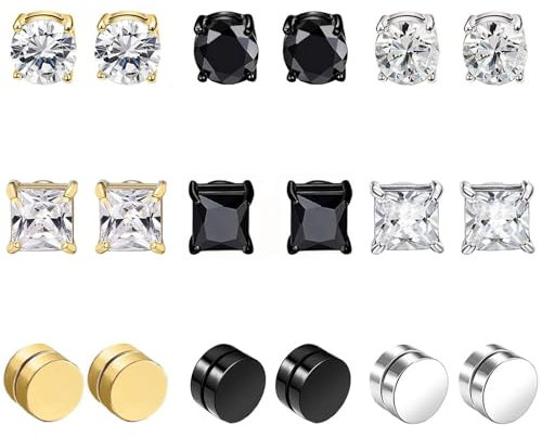 9Paar Magnet Ohrringe Herren Damen Edelstahl CZ Magnet Nicht Durchdringende Clip Magnet Ohrstecker Clips Nickelfrei Tunnel Ohrclips Non Piercing Ohrringe Set Silber Schwarz