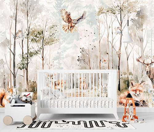 Papel Pintado Infantil Bosque Animales, Fotomurales Pared Tejido, bosque para habitación infantil, árboles, decoración de paredes, papel pintado de acuarela personalizado papel pintado de niños