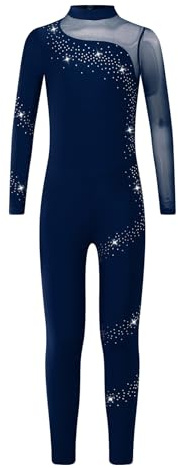 iEFiEL Mädchen Turnanzug Ganzkörper Gymnastikanzug Langarm Jumpsuit Strass Tanzanzug Einteiler Tanzbody Eiskunstlauf Body Navy blau 134-140