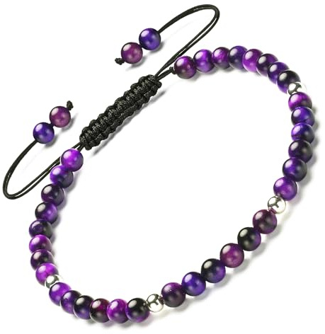 Apocalyptic-K Damen-Armband mit natürlichen Edelsteinen, 925er-Sterlingsilber, 4mm, 6.7-9.3 IN |Turmalin, Obsidian, Kristall， Handgewebt (Grüner Tigerauge,4MM)