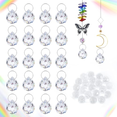 20 stycken kristaller för upphängning, 20 mm glas solfångare kristall med 20 metallringar, Suncatcher kristall, prisma kristalldroppar för ljuskronor hänge, fönster ornament hantverk dekoration