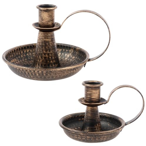 2 Pcs Iron Candle Holder Retro Candle Stand with Handle Rustproof Candles Sticks Holder Candlestick Holders for Taper Candles Candlelight Stand for Christmas Halloween Home Wedding Party(Bronze)