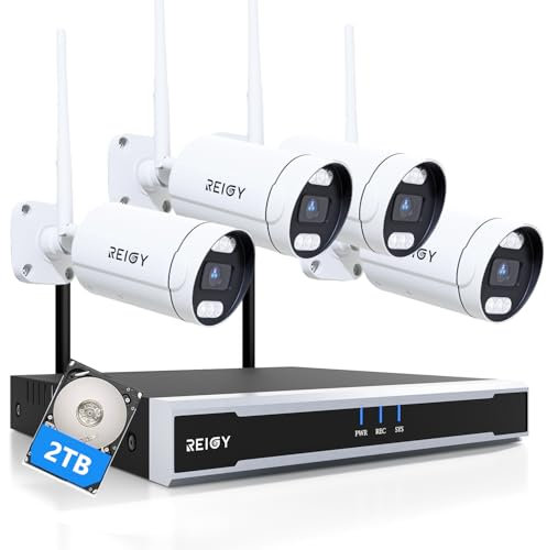 REIGY 8MP Kit Camara de Vigilancia WiFi Exterior con 2TB HDD, 4K Sistema de Seguridad 4X 2160P CAM y 16CH NVR, Visión Nocturna Audio Bidireccional Detección Movimiento IP66 Impermeable