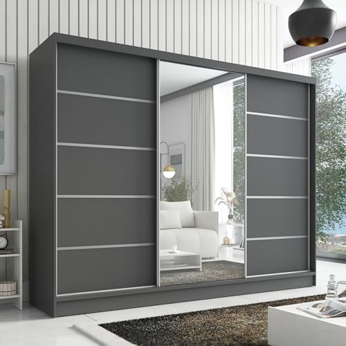 A&J MöbelLand Kleiderschrank Aurelia 1 – Schwebetürenschrank 200 cm breit mit Spiegel, 3-türig, Kleiderschrank mit Schubladen, Schiebetürenschrank für Schlafzimmer oder Garderobe