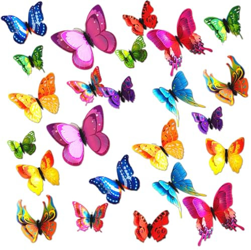 24PCS 3D Butterfly Wall Sticker,Double Layer Butterflies Decals for Walls,3D Butterfly Decorations for Home,Bedroom Accessories,Wedding,Party & Flower Decoration (Rainbow)