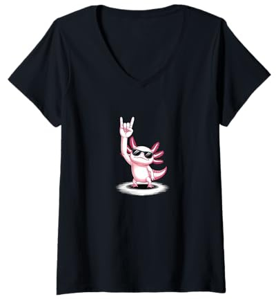 Damen Rock On Geste Lustig Rock Musik Pommesgabel Axolotl T-Shirt mit V-Ausschnitt