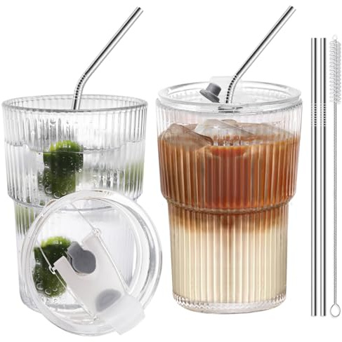 HIGIINC Tazas de café helado con tapas y popotes, 2 piezas, juego de tazas irrompibles de 16 onzas, vasos de plástico transparente reutilizables para café helado con tapa y popote, tazas de café para