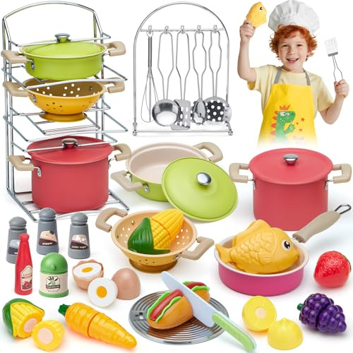 Tacobear Play Kitchen Accessories Play Food Sets for Children Kitchen Pretend Toy with Pot Pan Cooking Utensils Apron, Educational Toddler Toys Role Play Gifts for Kids Girls Boys Age 3 4 5