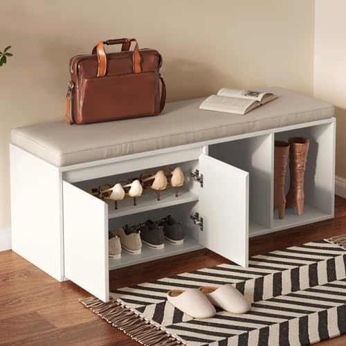 Guyii Schuhbank mit Sitzfläche, Schuhschrank mit Stauraum für Schuhe und Stiefel, Polsterbank für Flur, Weiß, Schuhkommode mit Sitzfläche und Ablage