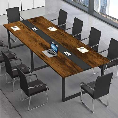 CCUKTFN Großer Konferenztisch, Moderner Besprechungstisch mit Kabelkanal und Schwarzem Metallrahmen für 8–12 Personen, Rechteckiger Seminar-Tisch für Büro, Konferenzraum