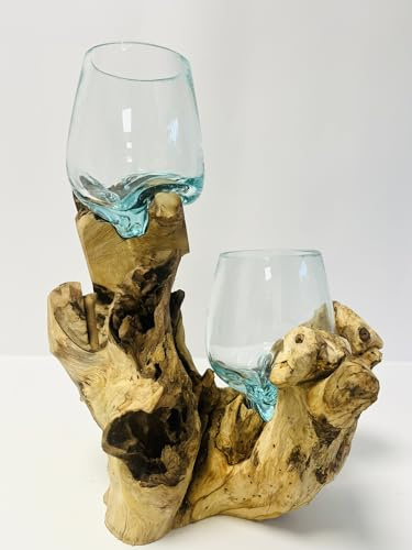 My Square Mile Molten Glass Display Bowl On Wood Root Stand Glass Rustic Ornament Sculpture Key Sweet Display Dish (XXL Tall Double)