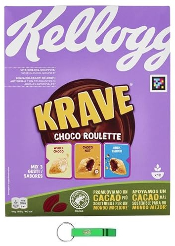16x Krave Choco Roulette Cerealien Weizen-, Hafer- und Reisbündel mit Schokoladenfüllung 375g Packung + Beni Culinari Kostenloser Schlüsselanhänger