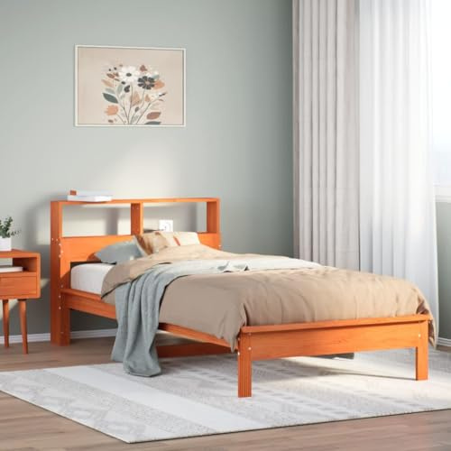 Ordellia Massiv träsäng med hylla, vaxbrun, 75 x 190 cm, furu, robust plattformsäng, förvaringsutrymme för sovrum, hållbar möbel