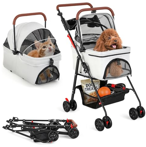 GJCrafts Hundewagen 4 in 1,Haustiere Buggy für mittelgroße Hunde, Faltbarer Hundebuggy bis 20kg,Haustiere Transportbox Mit Stauraum, Hundewagen mit abnehmbarem Carrier Autositz und Nahrungsmittelfach