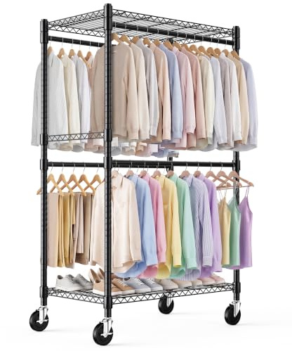 Himimi Kleiderständer Stabil, Kleiderständer auf Rollen mit 4 Kleiderstangen & höhenverstellbaren Ablagen, offener Kleiderschrank aus Metall für Schlafzimmer, Waschraum, Balkon, 90x52x203 cm, Schwarz