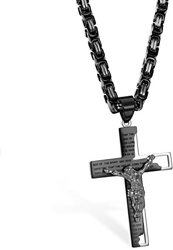 JewelryWe Schmuck Edelstahl Kreuz Rood Jesus Kruzifix Bibel Gebet Englisch Anhänger mit 65cm Königskette Kette, Retro Halskette für Herren, Silber Gold Schwarz, mit kostenlos Gravur