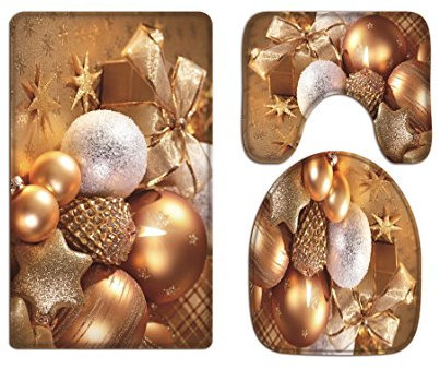 A.Monamour Badezimmer Badematte 3 Teilig Set Glittered Sterne Kugeln Kerzen Weihnachten Toilettenkappen Abdeckungen rutschfeste Flanell Saugfähig Badteppiche Badvorleger Badgarnitur WC Vorleger