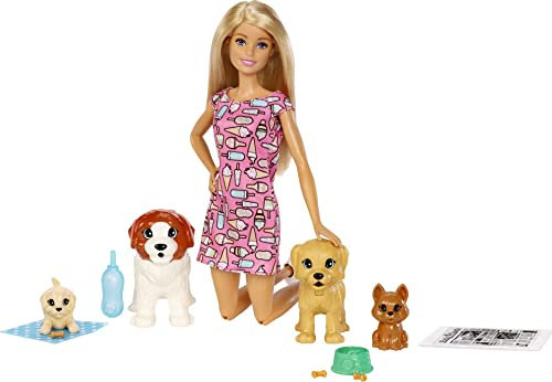 Barbie FXH08 Doggy Daycare Doll, Blonde, and Pets Playset with 4 Dogs, Including One Puppy that Poops and One that Pees, Gift for 3 to 7 Year Olds​​​, Multicolor, 32.4 cm*7.0 cm*22.9 cm