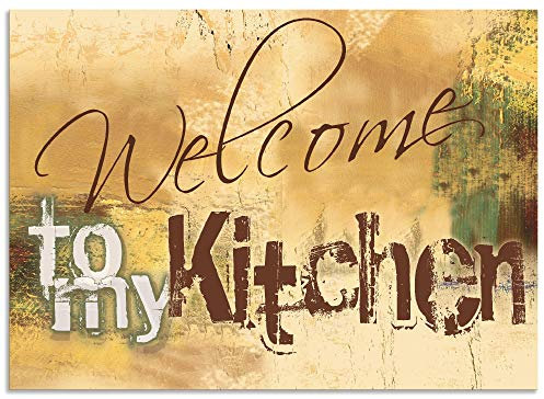 ARTland Spritzschutz Küchenrückwand aus Alu für Küche Herd Spüle 70x50 cm (BxH) mit Motiv Spruch Shabby Landhaus Kunst Willkommen Ocker H6ZJ