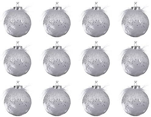 Christmas Decoration Weihnachtskugeln Kunststoff 8cm x 12 Stück bruchsicher mit Federn Glitzer transparent klar