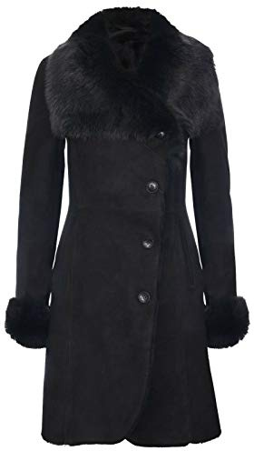 Infinity Leather Damen Warm Schwarz Suede Merino Shearling Schaffell Mantel mit Toscana Kragen