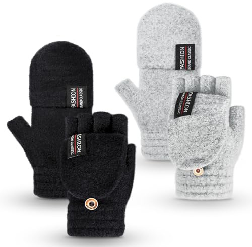 YSense Womens Winter Gloves, 2 Pack Warm Knitted Convertible Fingerless Gloves for Women Gifts with Mittens Cover Cap