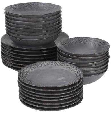 ProCook Malmo Charcoal Grey Teardrop Stoneware Dinner Set Scandinavian Style Dishwasher & Microwave Safe Dinnerware - 32 Piece, 18.5/21.5/23/28 cm