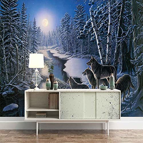 FVGKYS Wandbilder Schlafzimmer Erwachsene Kinder Tapete Plakate 3D Wald Winter Schneewolf Selbstklebend Wandgemälde Wandtattoo Kunst Dekoration Für Wohnzimmer Küche Wanddekoration 200x150cm
