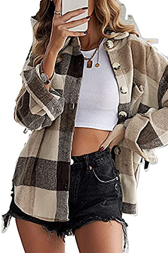 HVEPUO Damen Hemdjacke Karierte Shacket Langarm Hemd Mantel Flanell Jacke