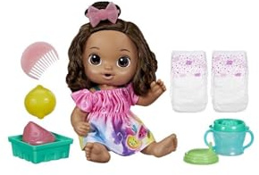 Baby Alive Fruity Sips Doll, Lemon, Toys for 3 Year Old Girls, 12-inch Baby Doll Set, Drinks & Wets, Pretend Juicer, Kids 3 and Up, Brown Hair