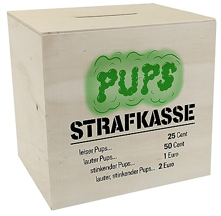 Spardose aus Holz für Familien mit lustigem Spruch - Pups Strafkasse eine lustige Geschenkidee für Familien in denen viel gefurzt Wird mit Strafen für Lautstärke und Geruch des