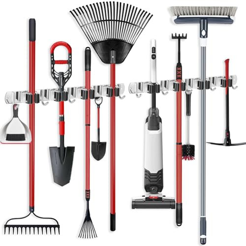 ibell 2 Pièces Accroche Balai Mural, Porte Balai Mural en Acier Inoxydable, Auto Adhésif Support Cintre de Rangement avec 4 Emplacements et 5 Crochets pour Cuisine Jardin Garage