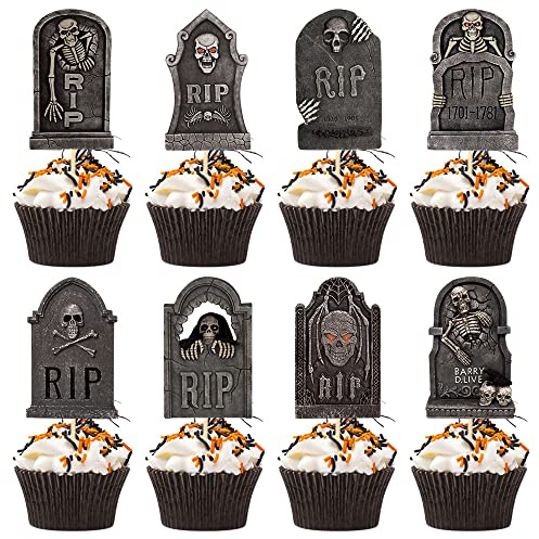 24 Stück Halloween Grabstein Cupcake Topper Horrible Tombstones Friedhof Kuchen Picks Gruselige Cupcake Dekoration für Halloween Themenparty Zubehör
