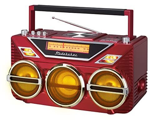 Retro Studebaker Avanti Boombox estéreo con CD, radio estéreo FM, recepción y transmisión Bluetooth, espectáculo de luz LED y subwoofer de 15 W para graves de alta potencia (rojo)