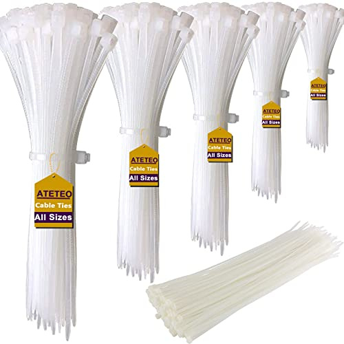 ATETEO White Cable Ties, 250mm x 2.7mm, Pack of 200, Premium Nylon Zip Ties, Multi-Purpose Plastic Tie Wraps, Secure Self-Locking Mechanism, for Home, Garden, Office and DIY