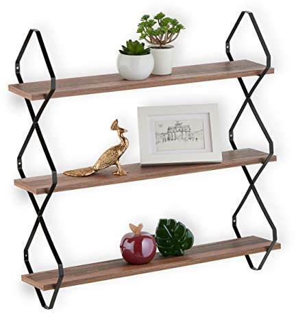 Relaxdays Wandregal, 3 Ablagen, HBT: 60 x 60 x 18,5 cm, Wandablage Flur, Industrial Design, MDF & Metall, braun/schwarz