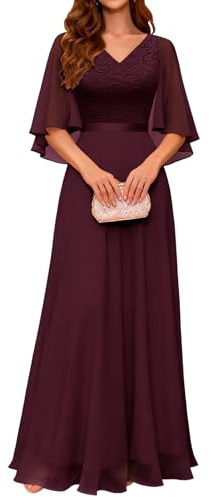 DRESSTELLS Robe de Soirée Femme Élégante en Col V pour Cocktail Cérémonie Bal de Promo, Robe Demoiselle d'honneur Femme pour Mariage Invité avec Manches Courtes Bourgogne L