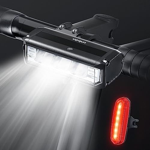 Cykelbelysning fram och bak, UNBON kraftfullt LED-cykelbelysningsset 5 lägen, USB-uppladdningsbar cykellampa vattentät IPX5 främre bakljus för MTB-cykel VTC cyklist