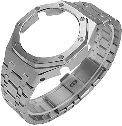 Neuupesen Lunette de montre en acier inoxydable et bracelet en métal avec bracelet en caoutchouc - Compatible avec GA-2100/GA-2110/GA-B2100