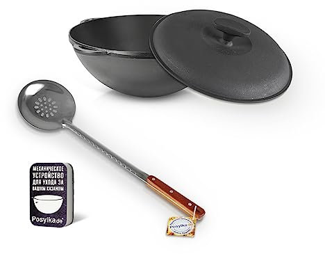 ZARENHOFF Kazan de hierro fundido con tapa (12 litros), incluye paleta de espuma y esponja, olla uzbeka, wok, kazán, olla de camping, horno de fuego, horno holandés, cañón de goulash, cañón de gulah,