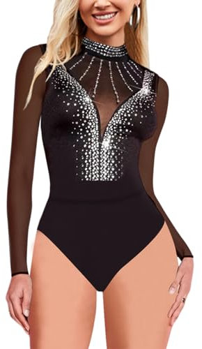 MAYFASEY Damen Strass Nieten Mesh Sheer Body Langarm Baumwolle Body Tops, Schwarz, L