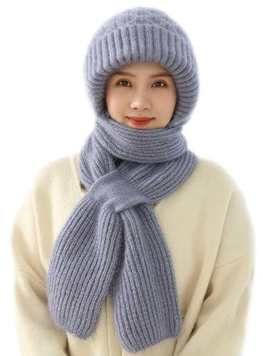 Integrierter Gehörschutz Winddichte Mütze Schal,Kapuzenschal für Frauen Winter,2 in 1 Maskenschal Strickmütze