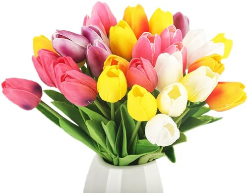 Kaxich Künstliche Tulpen, 21 Stück künstliche Tulpe Blume Real Touch, Gefälschte Tulpen Blumen für Blumensträuße, Hochzeit, Party, Hotel, Brautschmuck, Babyparty, Büro, Café, Wohnkultur (Mehrfarbig)