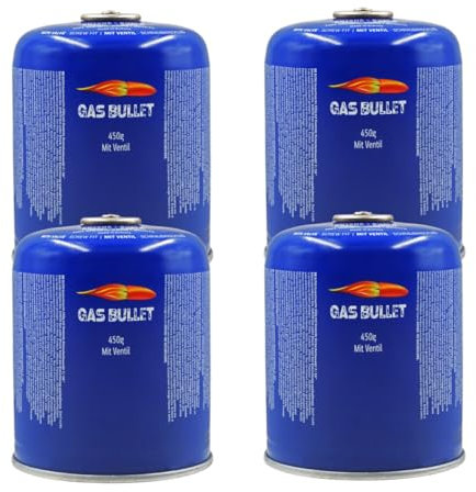 Gas Bullet ® Schraubkartusche 450g passend für Gaskocher, Gasgrills (speziell für Weber) und alle Geräte mit 7/16“ Gewinde | Ideal für Camping/Outdoor/Notfälle (4 Kartuschen)