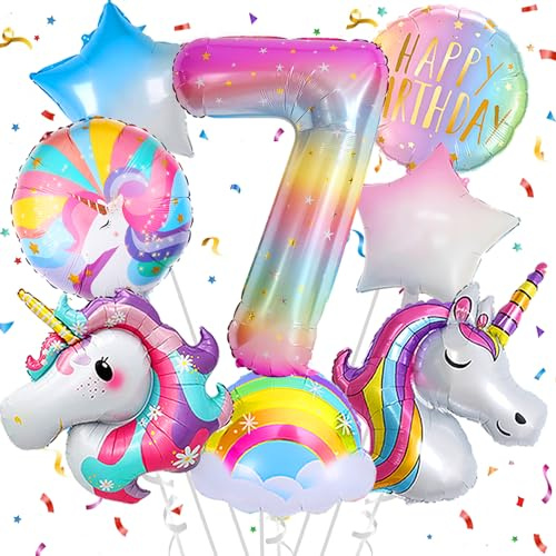 Deko 7. Geburtstag Mädchen,Einhorn Geburtstagsdeko 7 Jahr,Einhorn Luftballons 7. Geburtstag, Zahl 7 Folienballon Einhorn Party Deko,Einhorn Deko kindergeburtstag 7 jahr